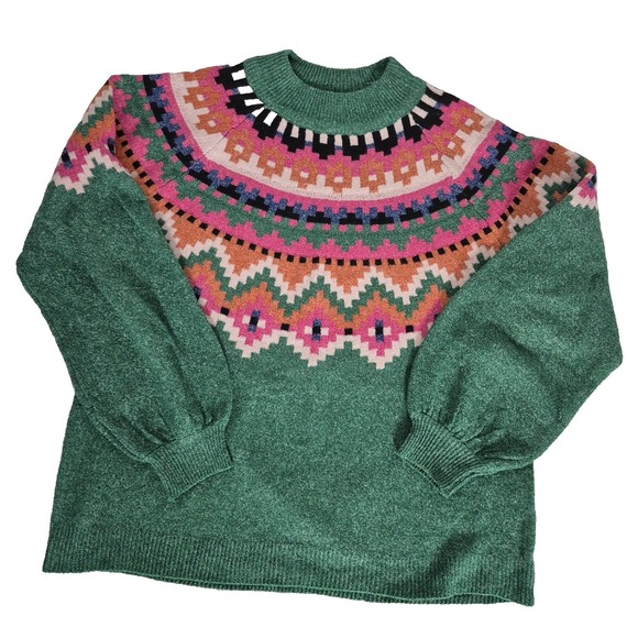 Maurices Sweaters - Maurices Sweater Womens Medium Green Fair Isle Mock Neck Balloon Sleeve Pullover